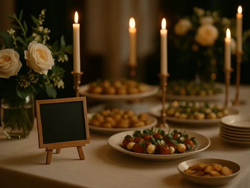 Festlich gedeckte Tafel mit Kerzenlicht und einer Kreidetafel für Fragen und Wünsche