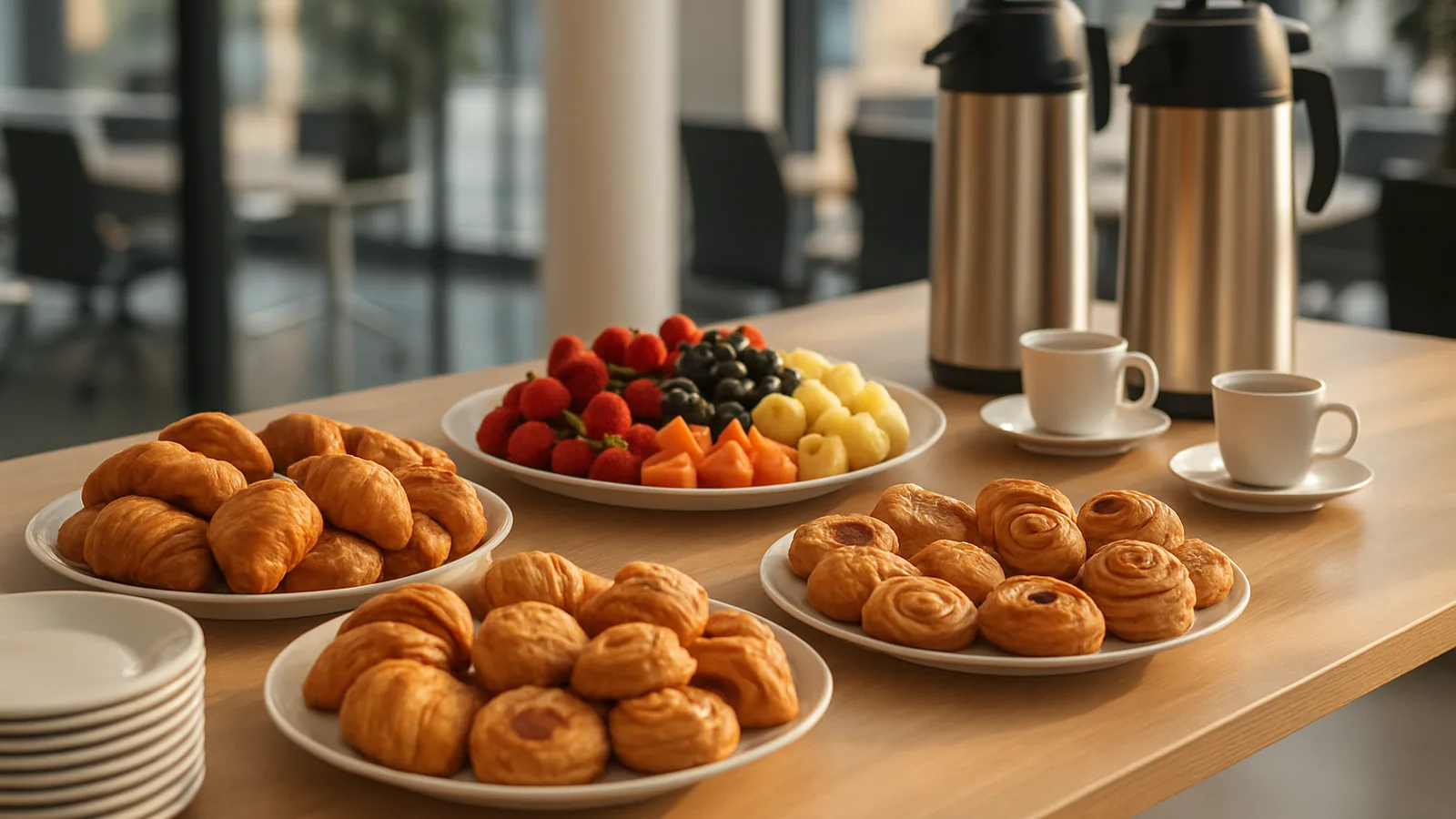 Business-Frühstücksbuffet mit Gebäck und Obst, angerichtet für einen Firmentermin
