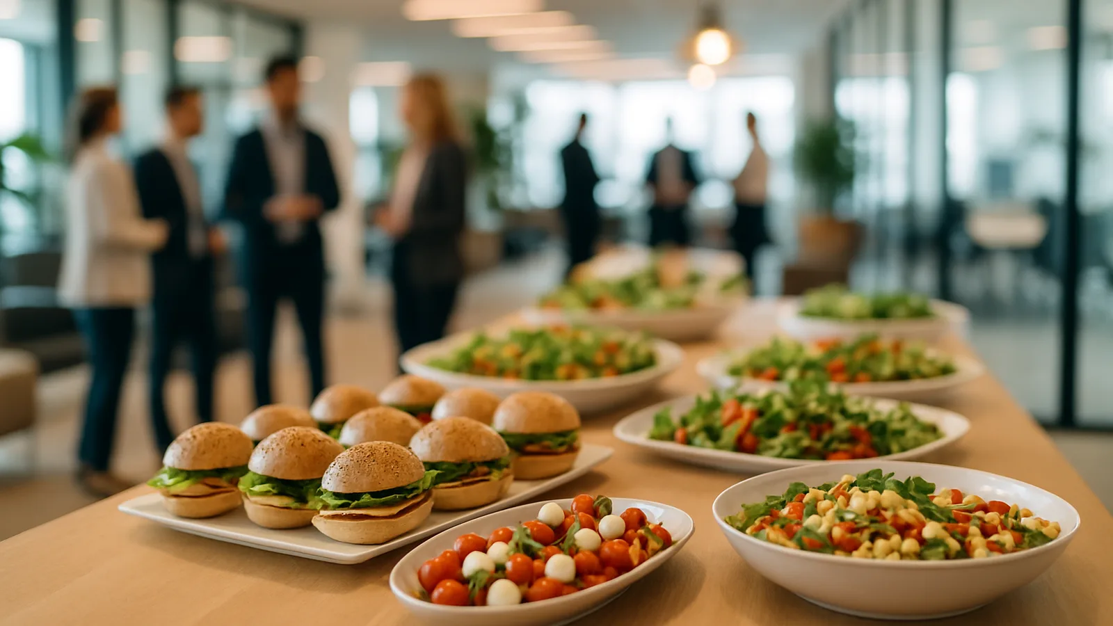Angerichtetes Firmencatering-Buffet in einer hellen Büro-Lounge