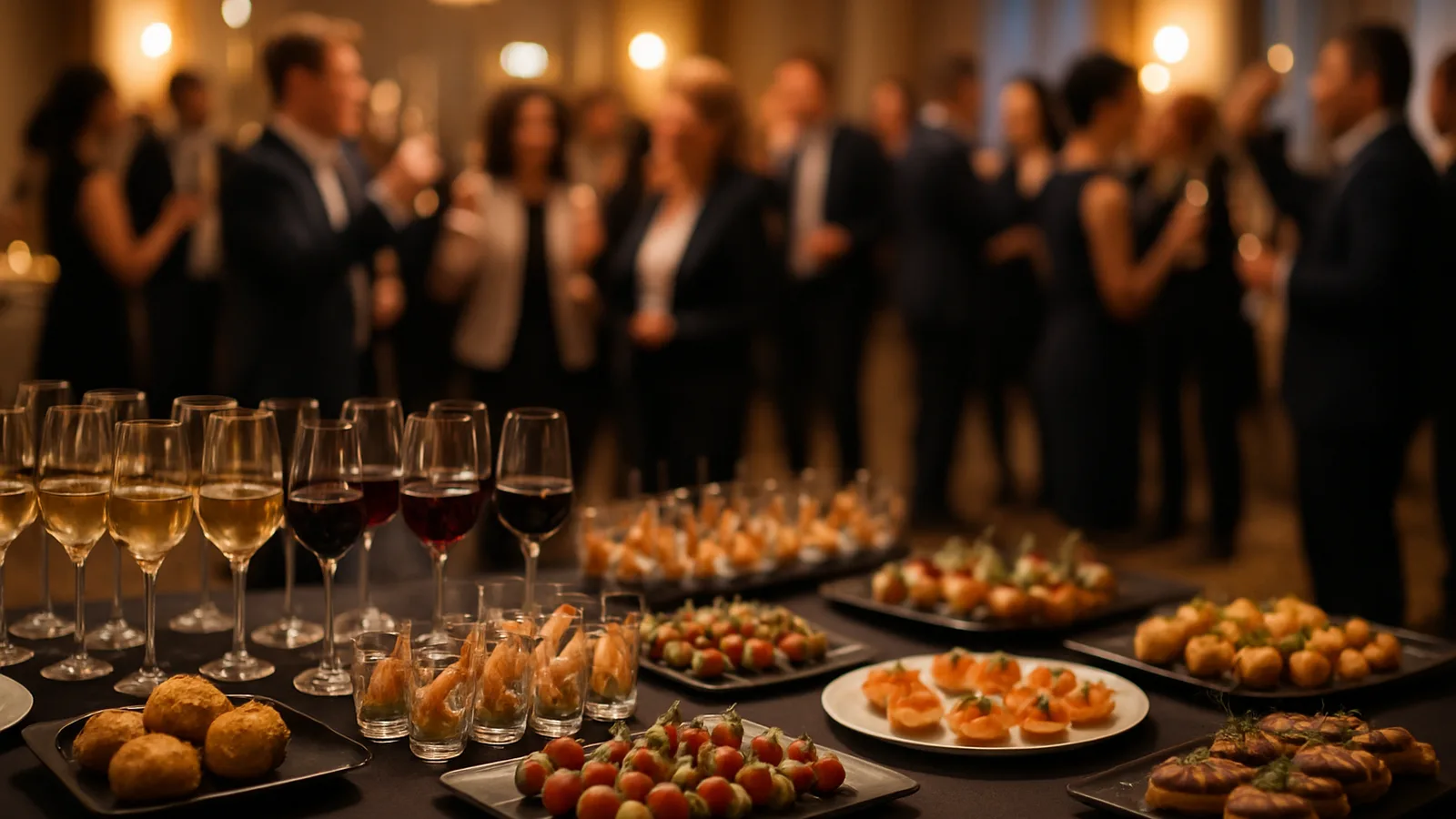 Angerichtetes Buffet mit Fingerfood und Getränken für eine Betriebsfeier