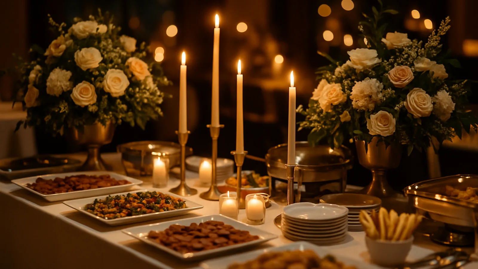 Blumengeschmücktes Festbuffet bei einer Jubiläumsfeier im Unternehmen