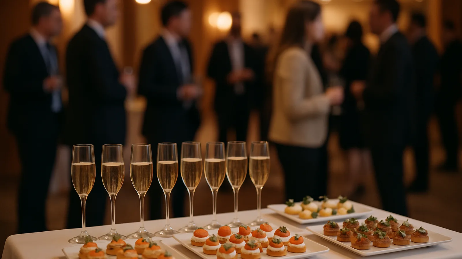 Gedeckter Stehtisch beim Kundenabend mit Sektgläsern und kleinen Häppchen