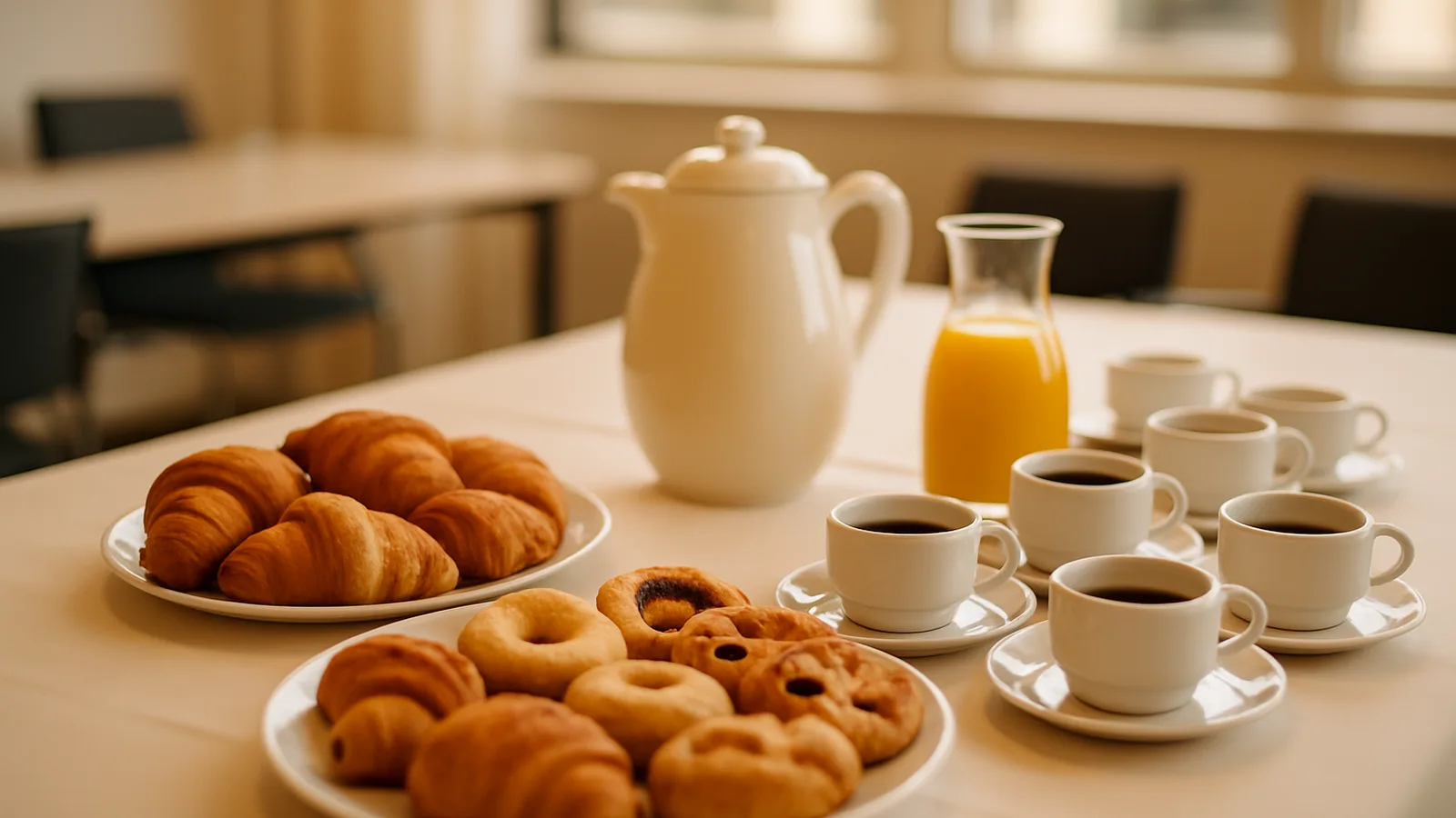 Kaffeepausen-Station mit Gebäck und Getränken in einem Tagungsraum