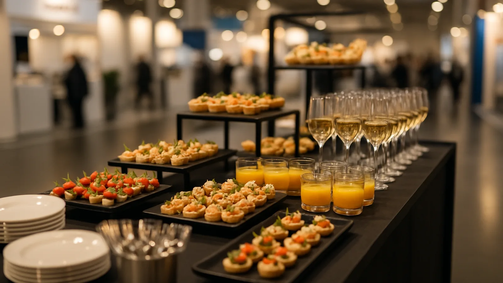 Bewirtungsstand mit Fingerfood-Platten bei einer Messe