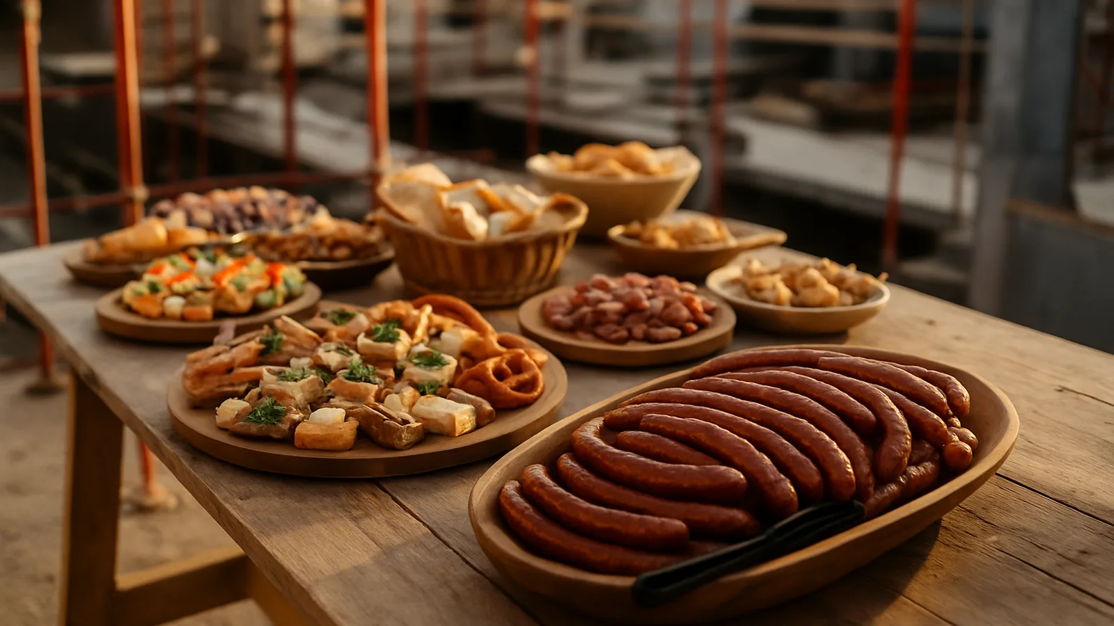 Herzhaftes Buffet für die Gäste eines Richtfests am Rohbau