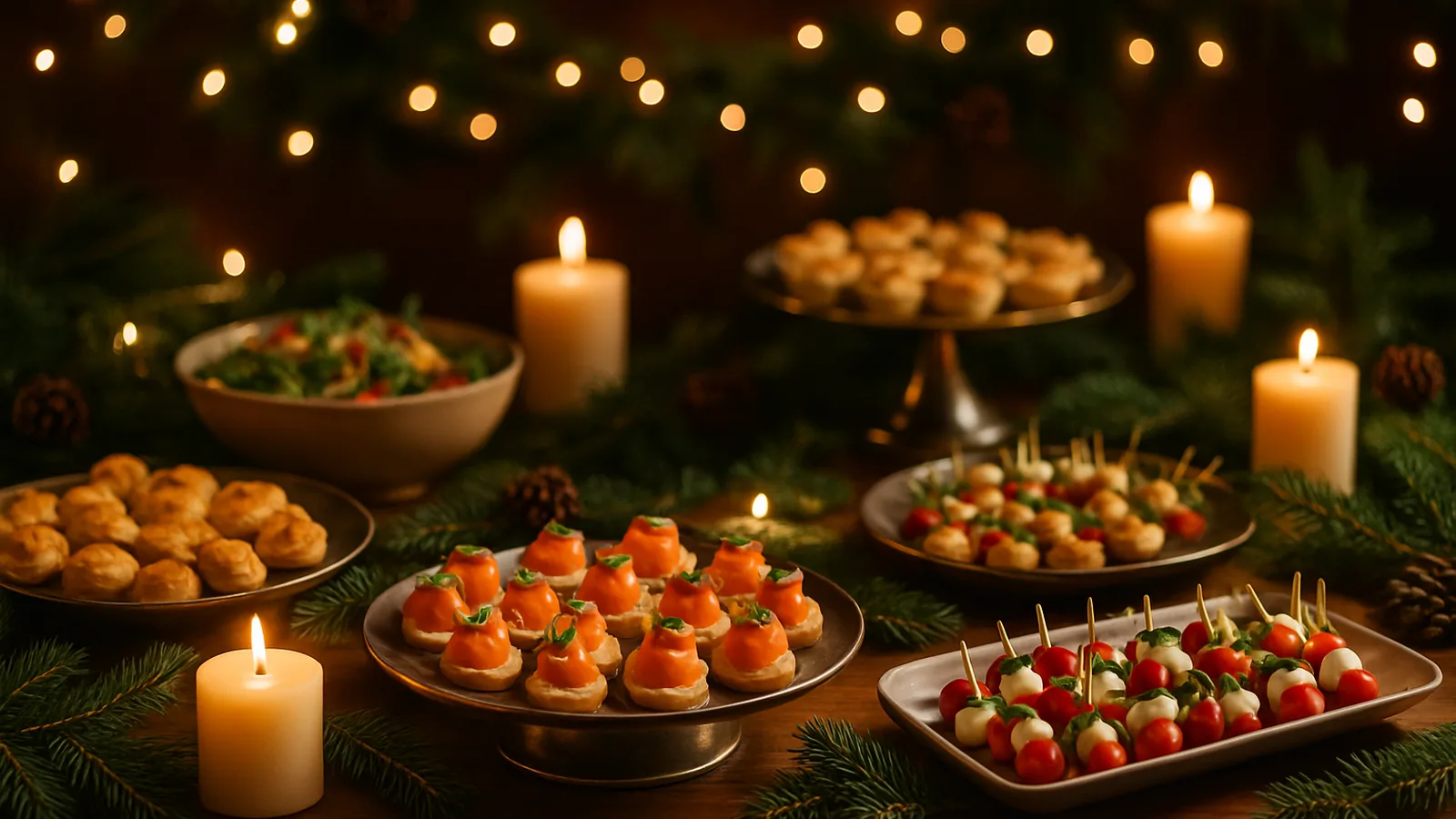 Weihnachtsbuffet mit Lichterketten und Kerzen für eine Feier in Cottbus