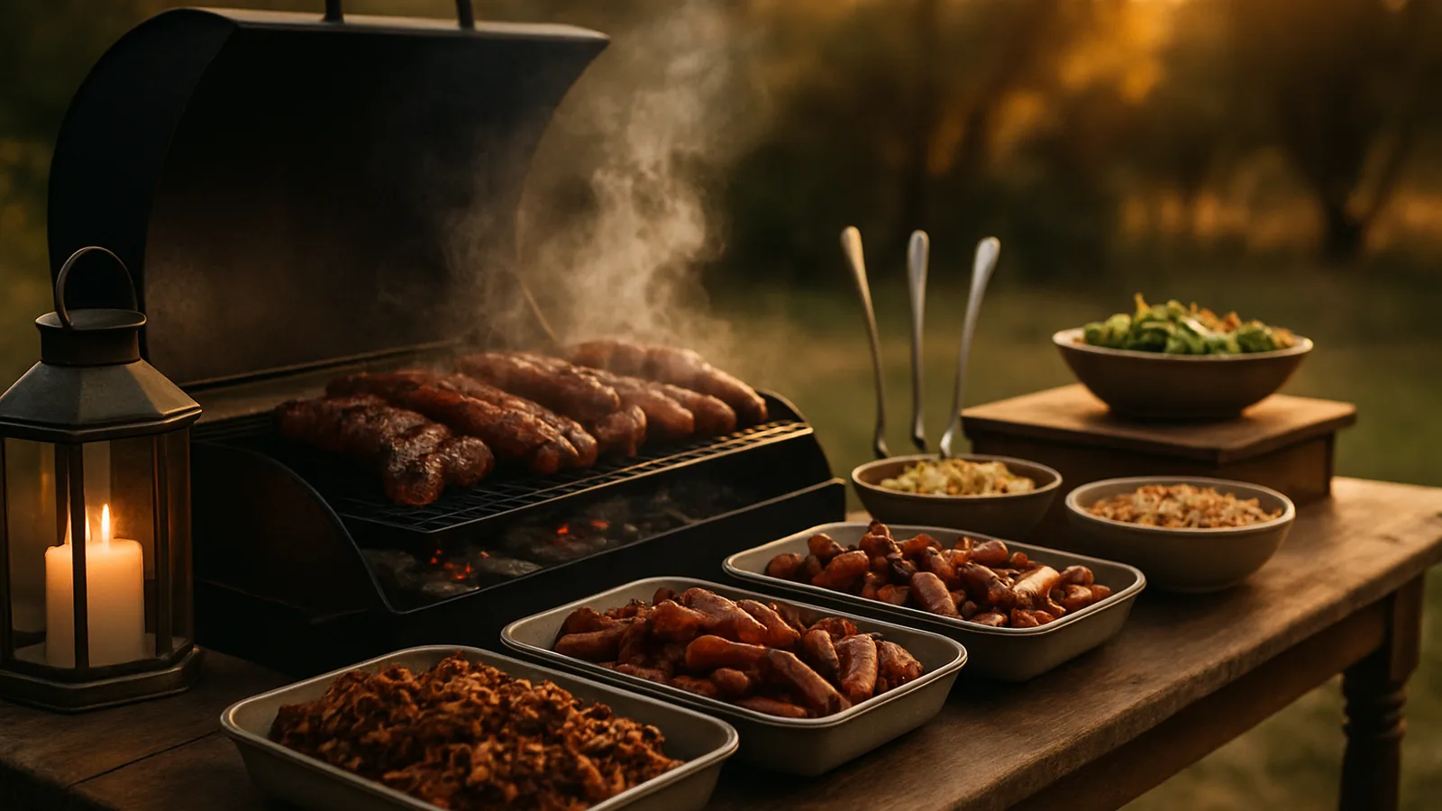 Grillstation mit Fleisch auf dem Rost bei einem Event im Freien