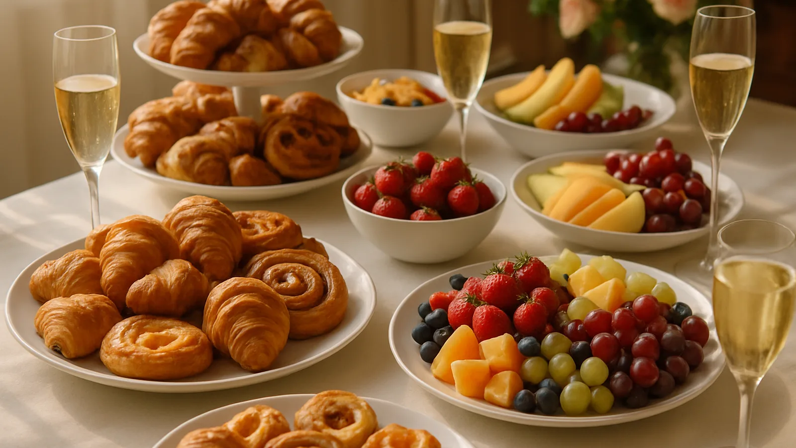Brunch-Buffet mit Gebäck, Obst und Sektgläsern