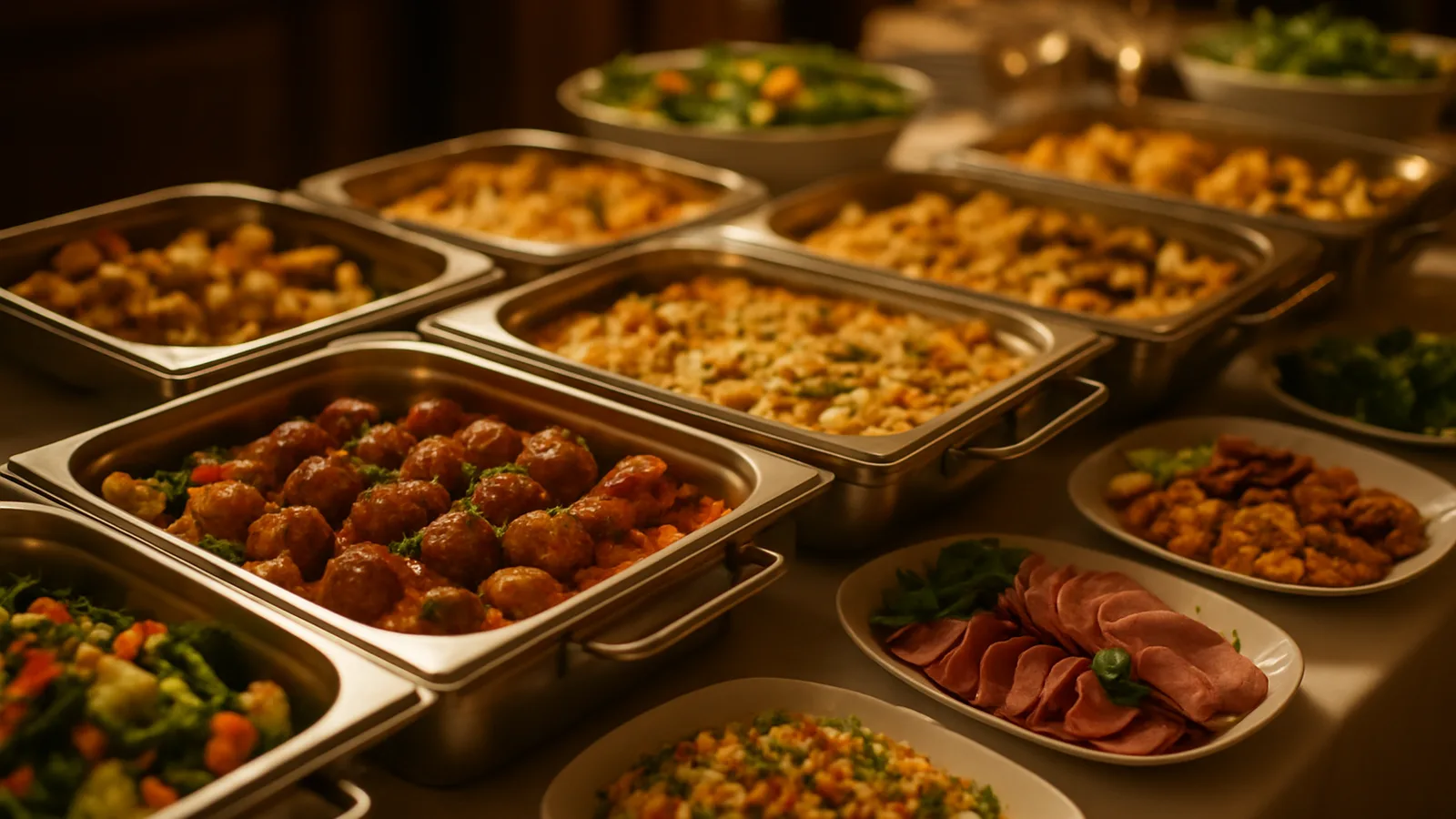 Langes Catering-Buffet mit warmen und kalten Speisen, festlich angerichtet