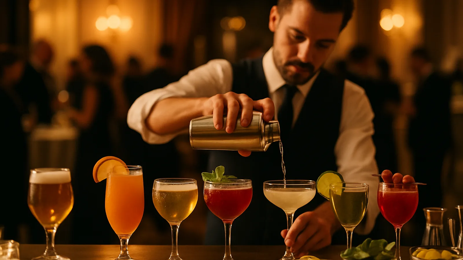 Mobile Cocktailbar mit farbenfrohen Drinks bei einem Empfang