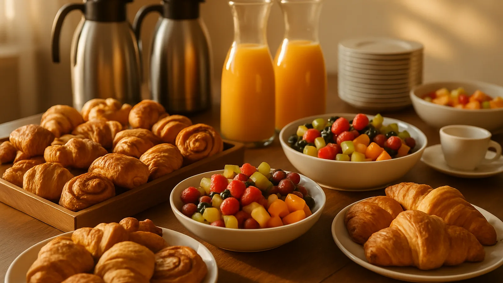 Üppig gedecktes Frühstücksbuffet mit Brötchen, Obst und Kaffee