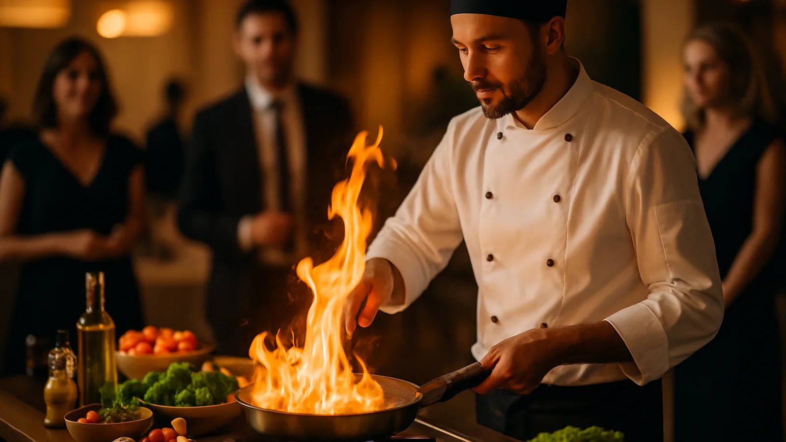 Koch an einer Show-Küche beim Live Cooking