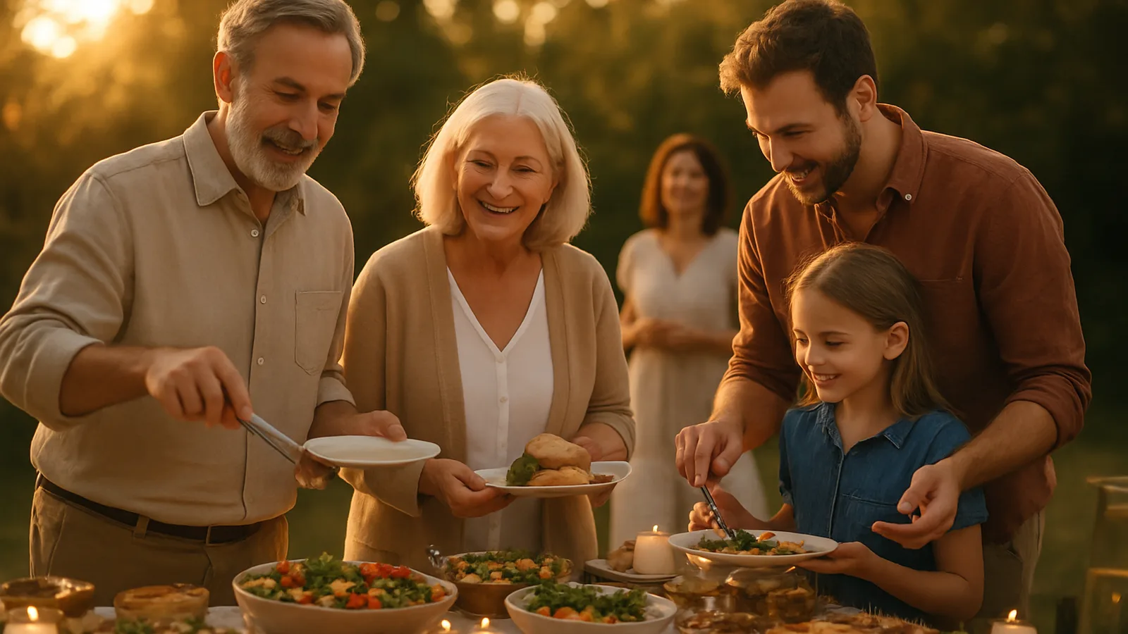 Gedeckte Tafel mit Buffet für eine Familienfeier unter freiem Himmel