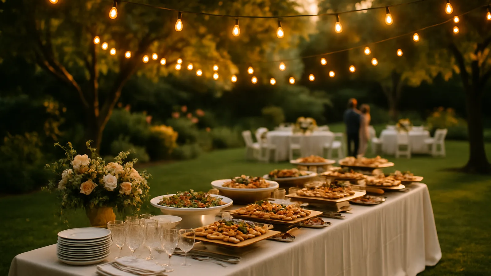 Gartenfest mit liebevoll dekoriertem Buffet unter freiem Himmel