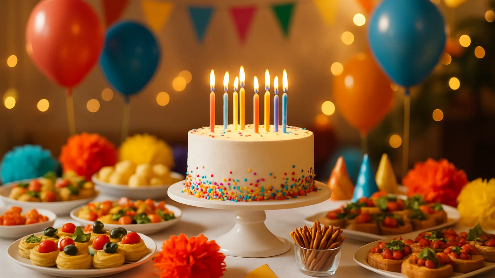 Geburtstagsbuffet mit Torte, Fingerfood und bunter Dekoration