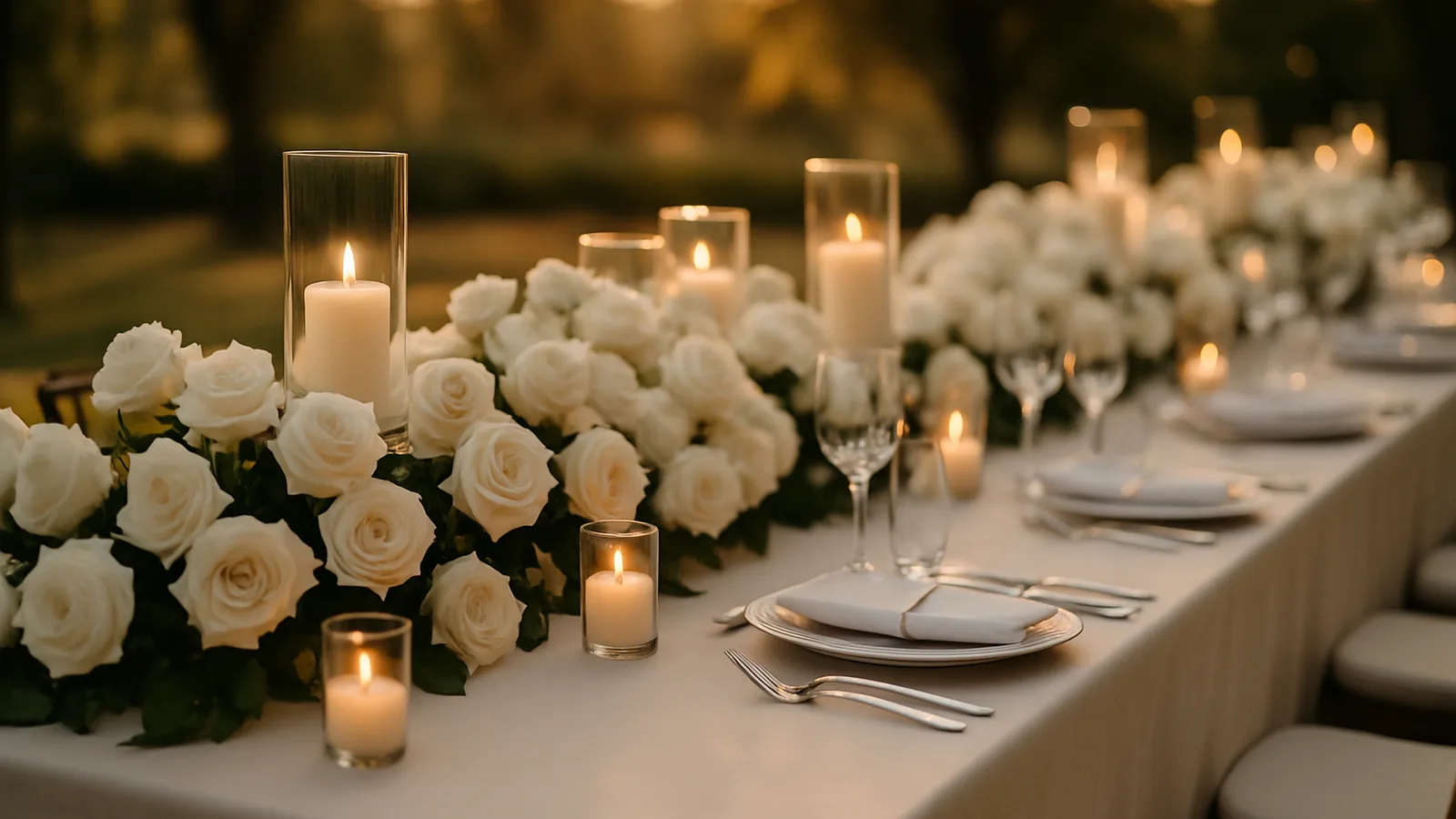 Festlich gedeckte Hochzeitstafel mit weißen Rosen und Kerzenschein