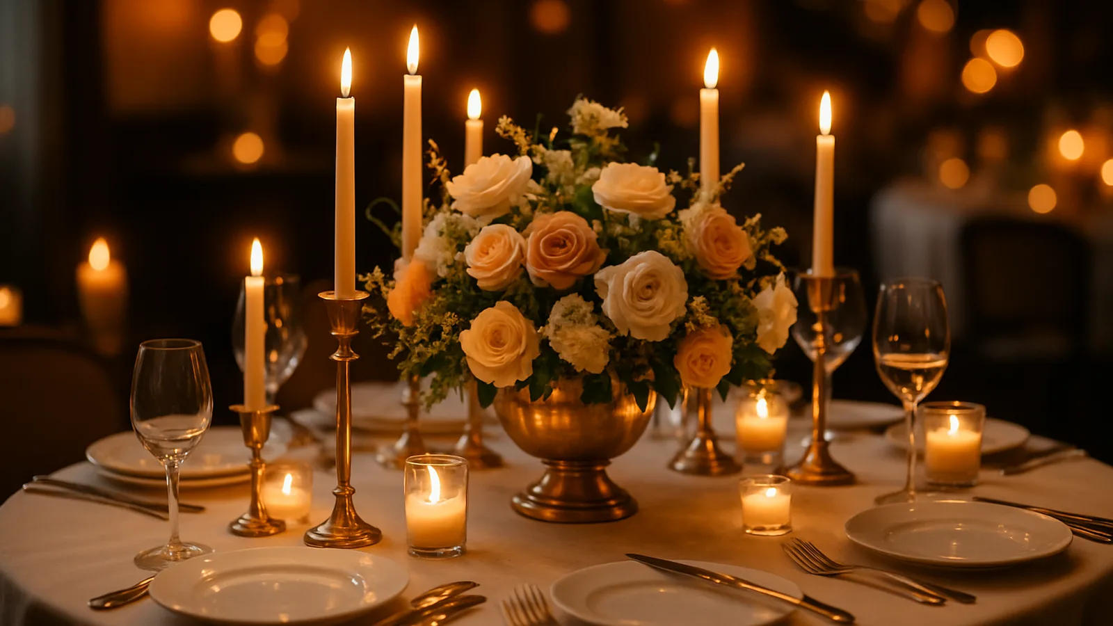 Tisch mit Kerzenlicht und festlicher Eindeckung zum Jubiläum