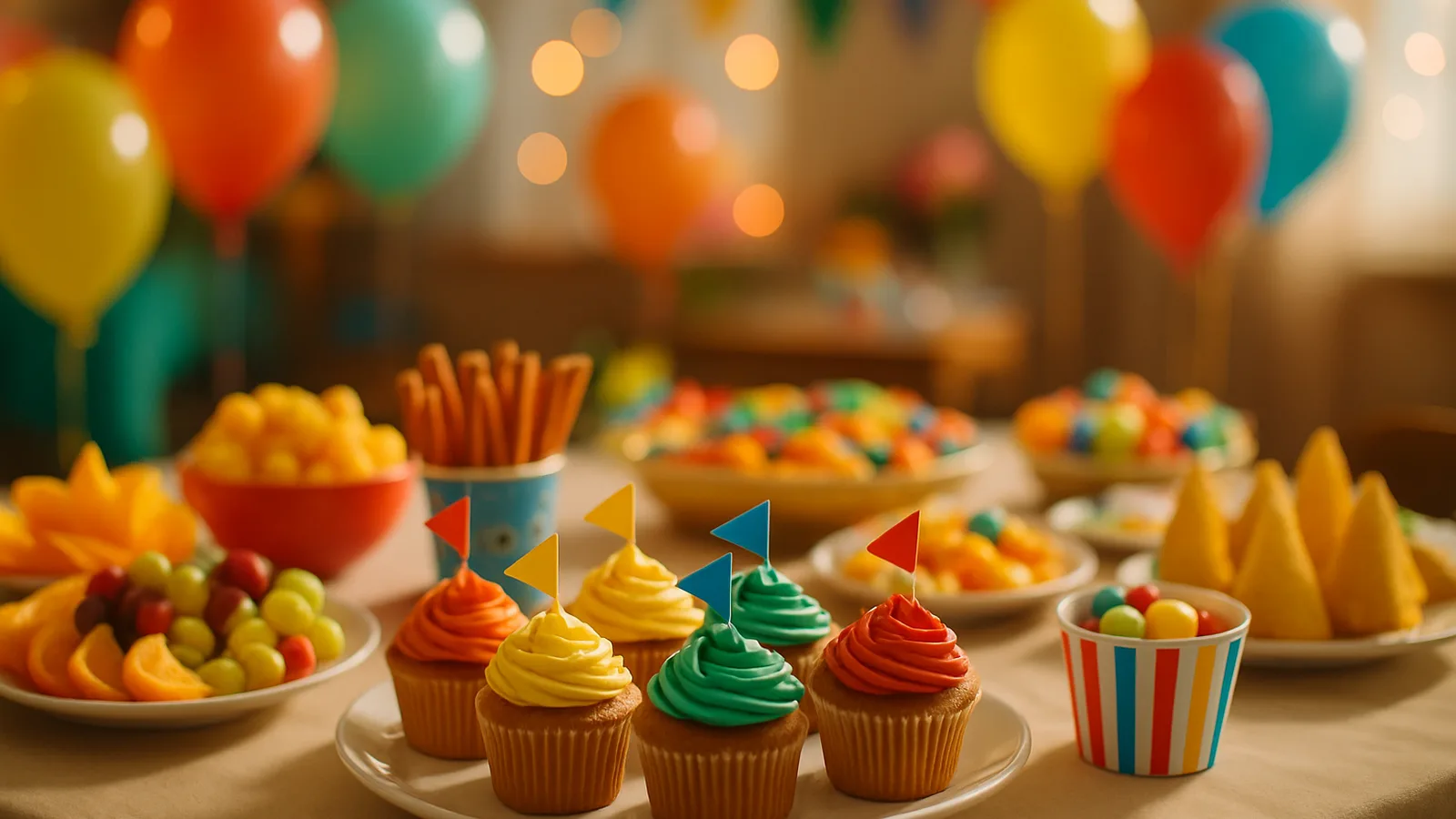 Kindergeburtstagstisch mit bunten Snacks, Luftballons und Kindergedecken