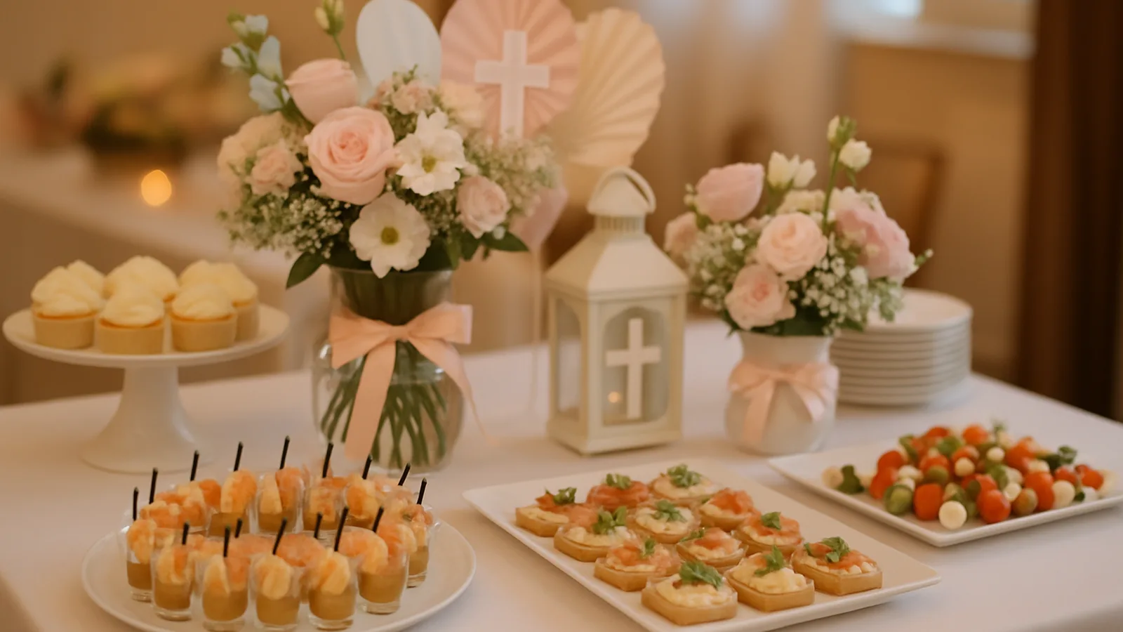 Helle Festtafel mit Blumenschmuck für die Feier nach einer Taufe oder Kommunion