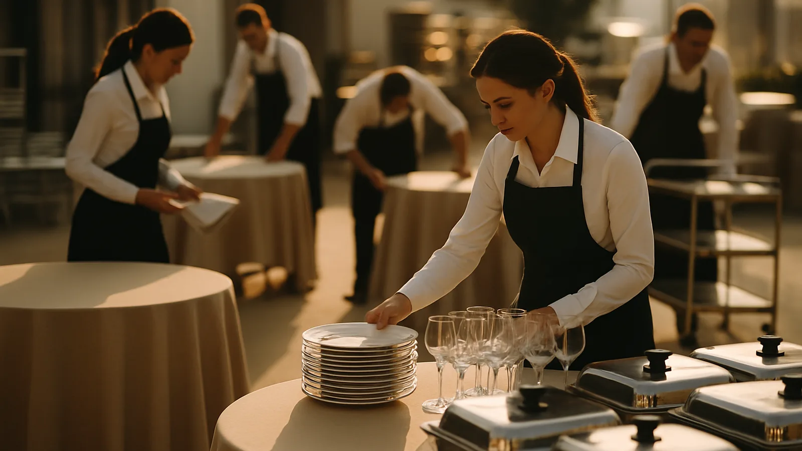 Team von Catering Cottbus richtet Tische und Ausstattung für ein Event ein