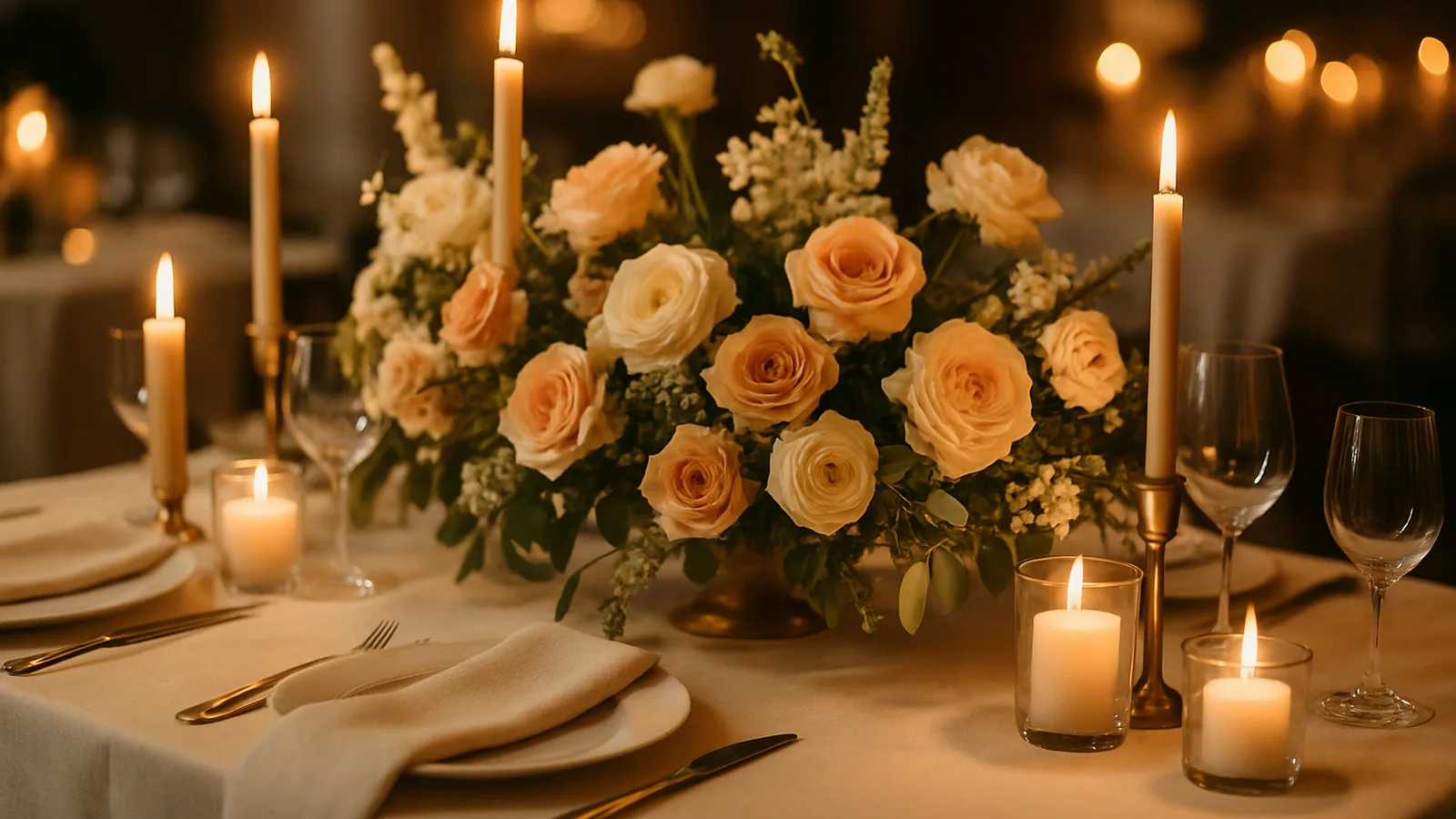 Festlich gedeckte Tafel mit Blumenschmuck und Kerzenlicht