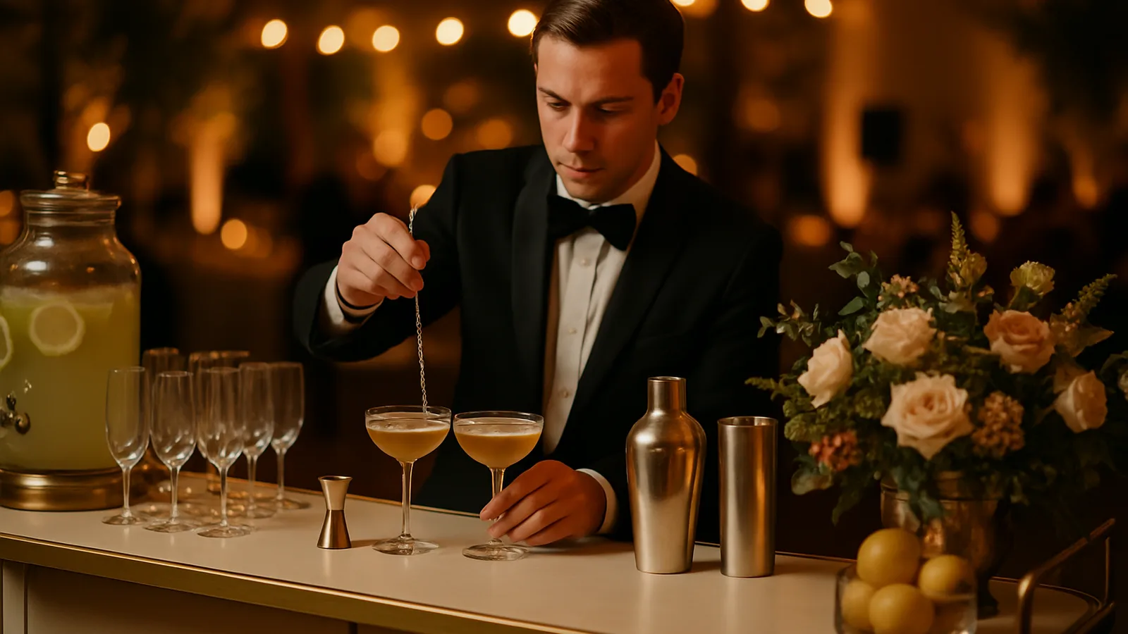 Barkeeper mixt an einer mobilen Bar ein Getränk für die Gäste