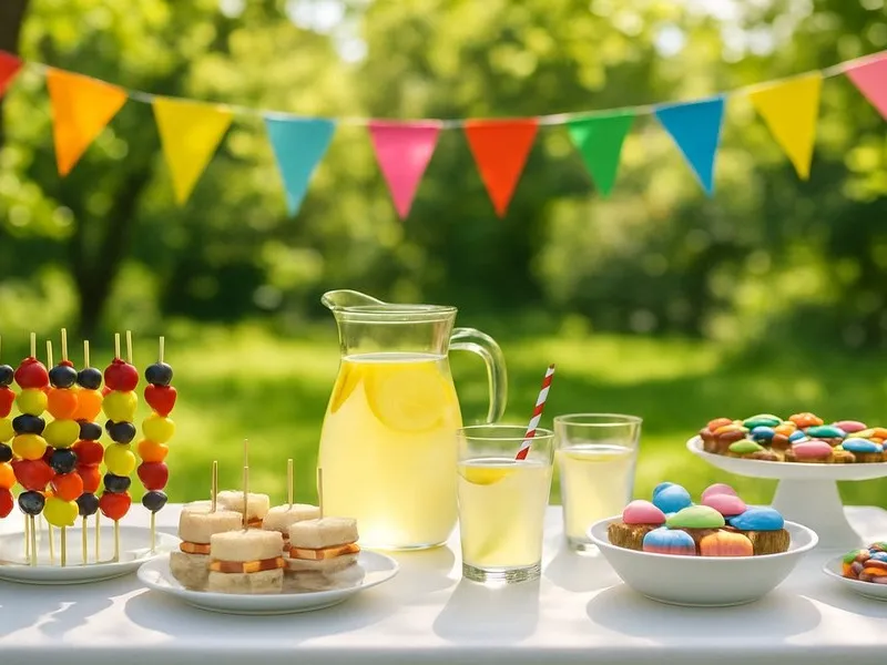 Buntes Kindergeburtstags-Buffet mit dekorierter Torte und Obstspießen – Private Feiern Catering Cottbus Buntes Kindergeburtstags-Buffet mit dekorierter Torte und Obstspießen