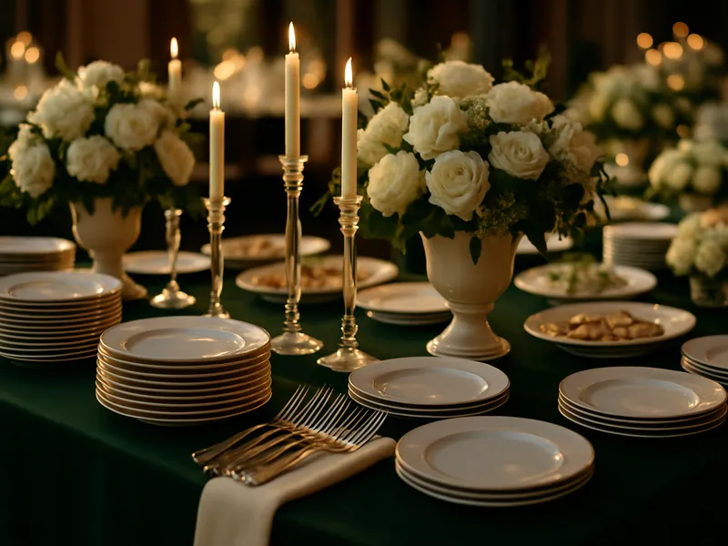 Festlich eingedeckte Tafel mit Kerzen und weißen Blumen im Abendlicht